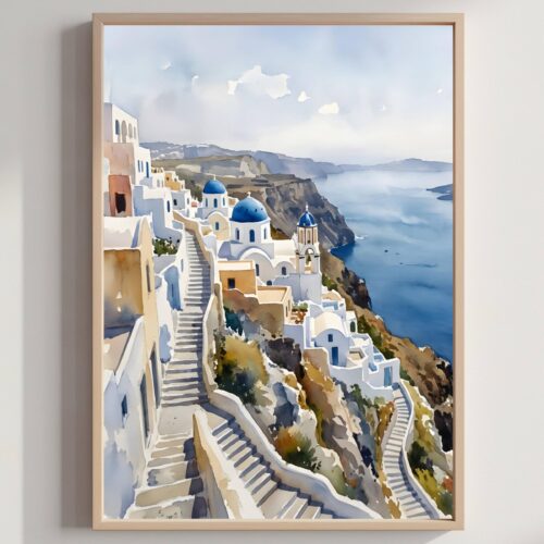 Santorini Island Greece Watercolor Print: Greek Vacation Travel Art Poster