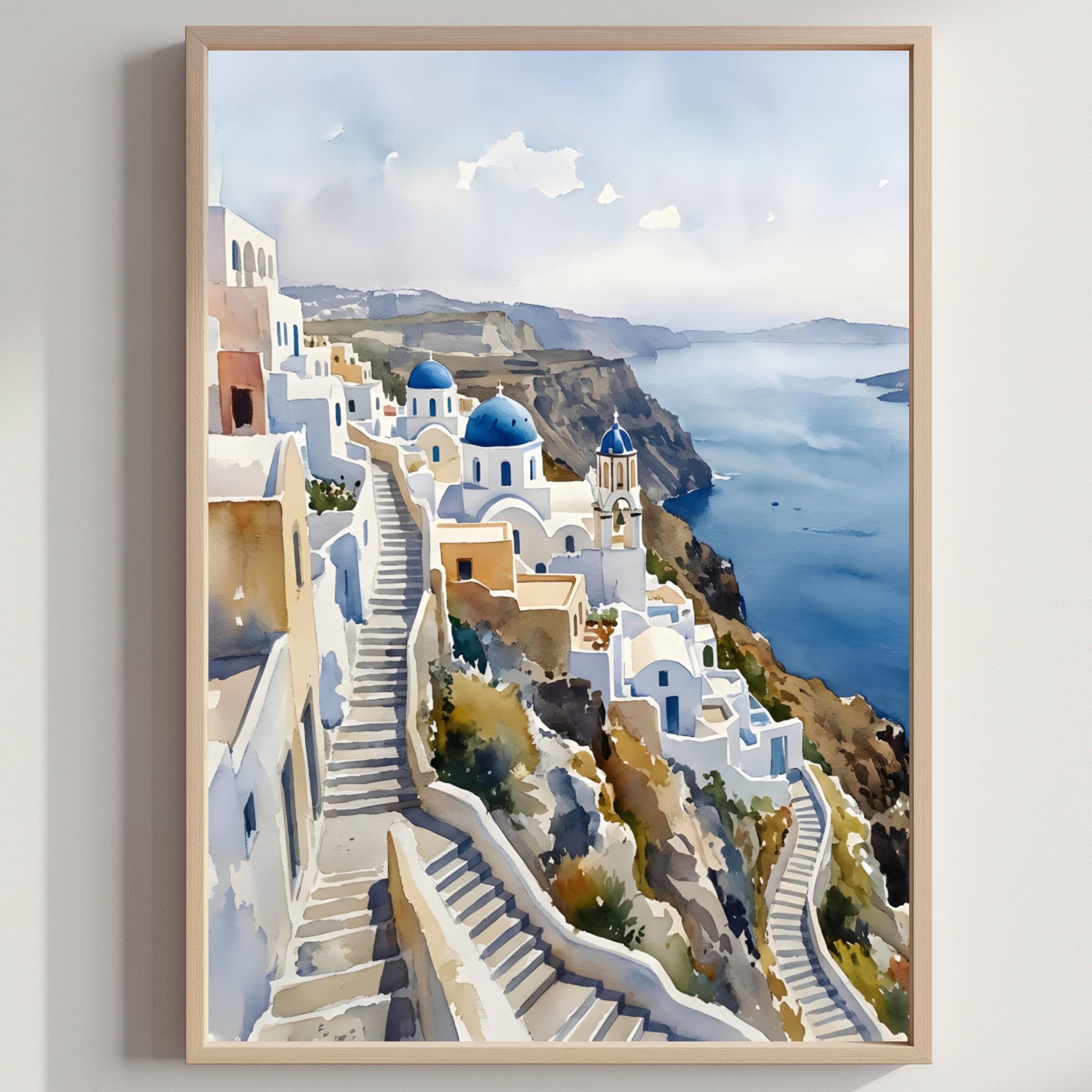Santorini Island Greece Watercolor Print: Greek Vacation Travel Art Poster
