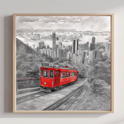 Victoria Peak Hong Kong China Pencil Sketch Print: Asia Travel Art Poster Square