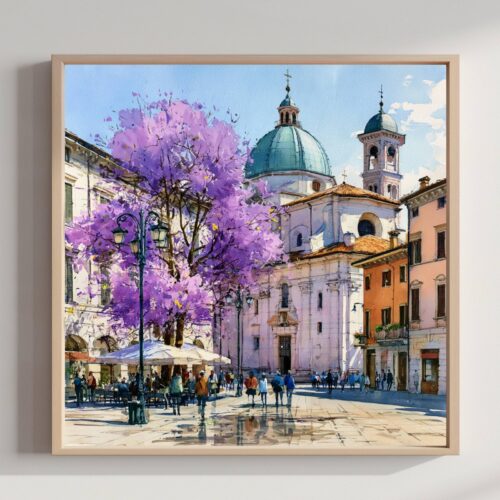 Brescia Lombardy Italy Watercolor Print: Italian Travel Art Poster Square