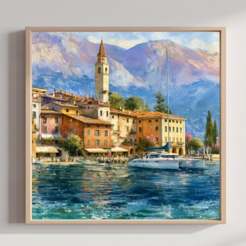 Sirmione Lake Garda Italy Watercolor Print: Travel Art Poster Square