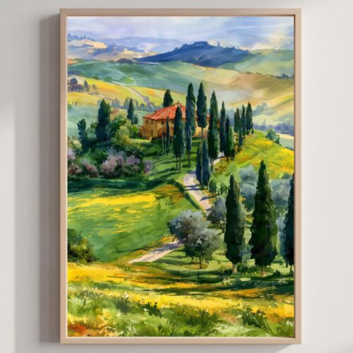 Tuscany Countryside Italy Watercolor Print: Italian Travel Art Poster