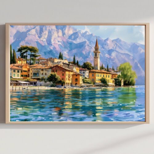 Lake Garda Village Italy Watercolor Print: Italian Travel Art Poster