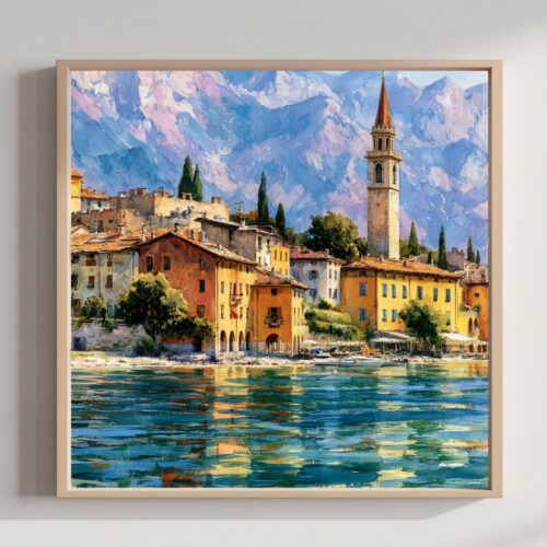 Lake Garda Village Italy Watercolor Print: Italian Travel Art Poster Square