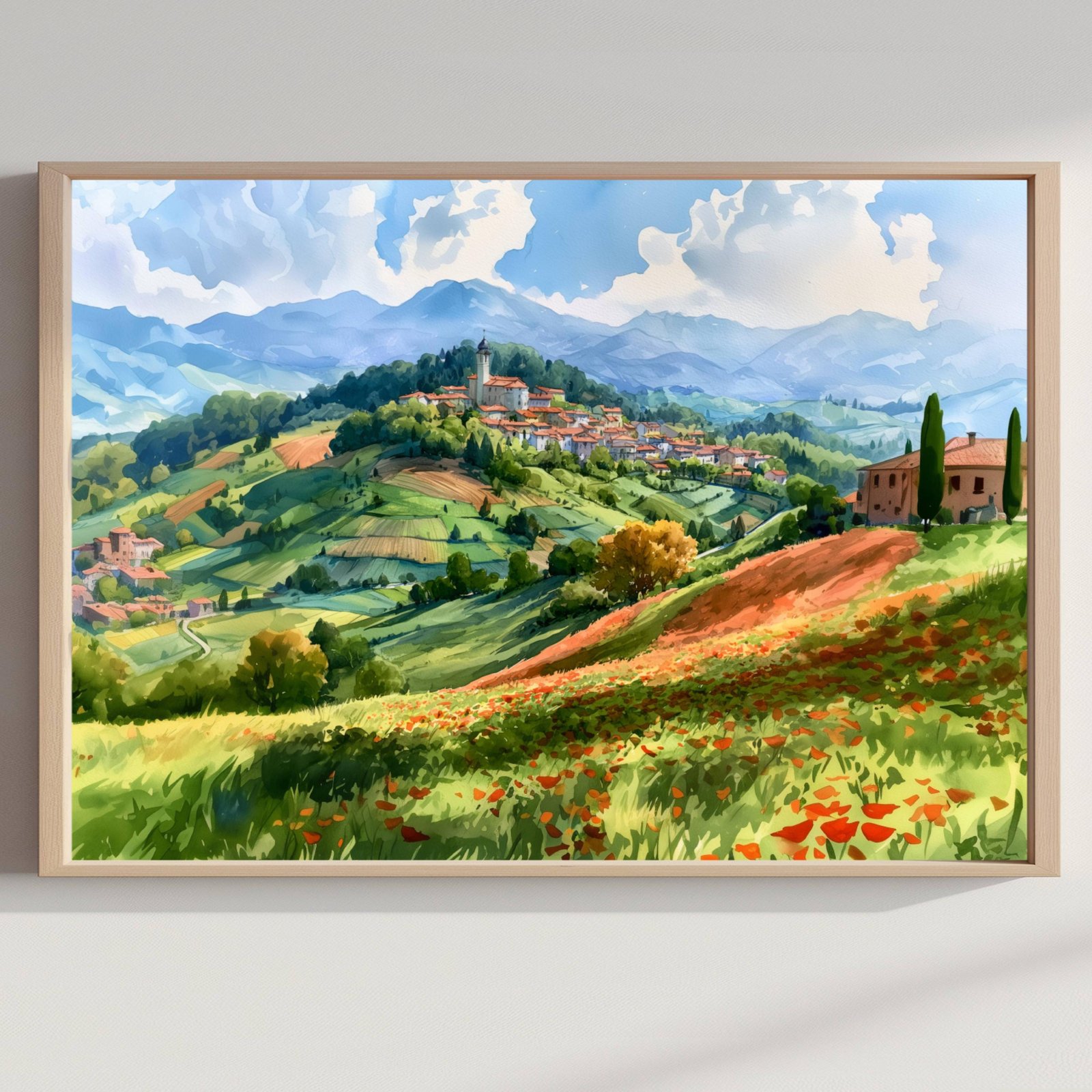 Lombardy Hilltop Village Italy Watercolor Print: Italian Travel Art Poster