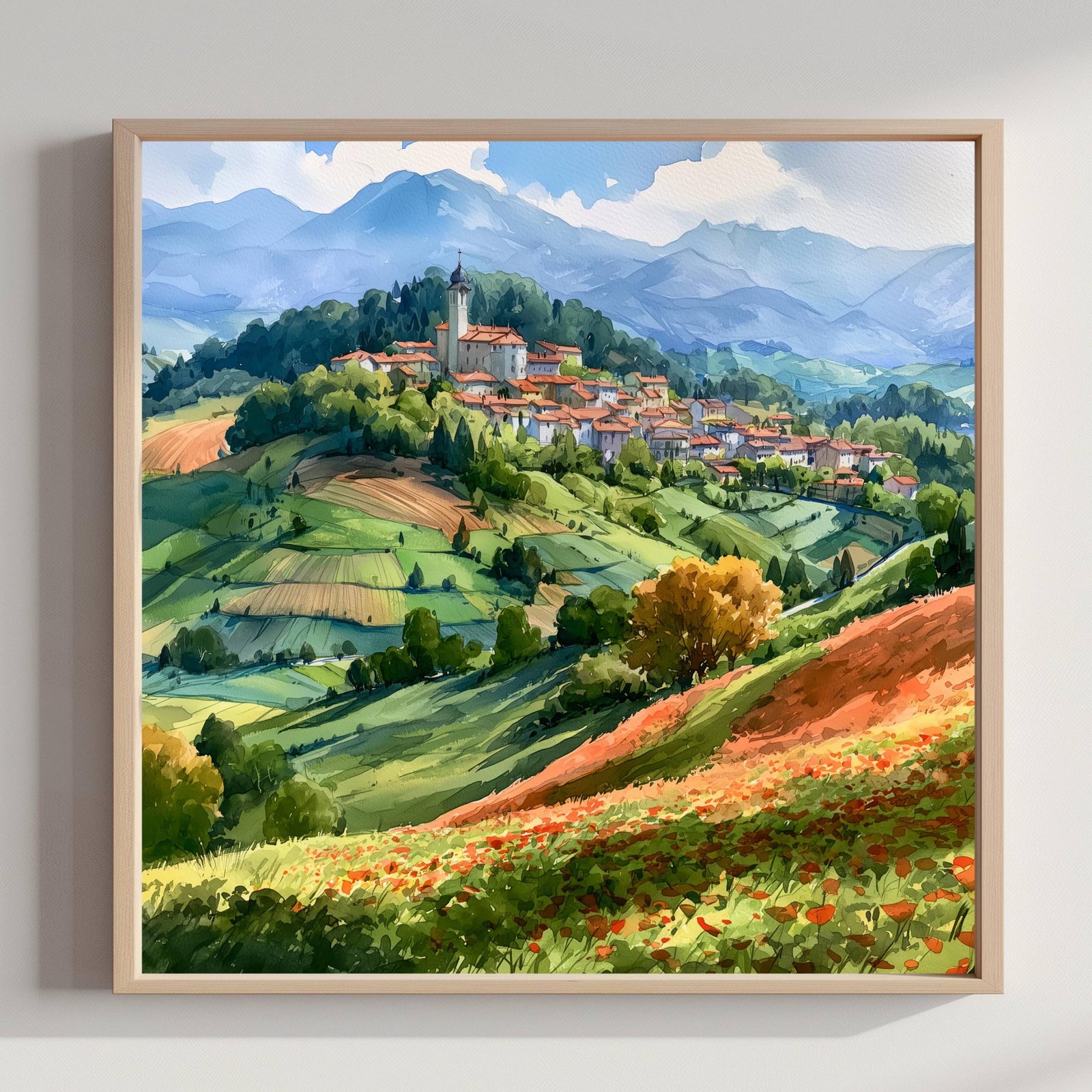Lombardy Hilltop Village Italy Watercolor Print: Italian Travel Art Poster Square