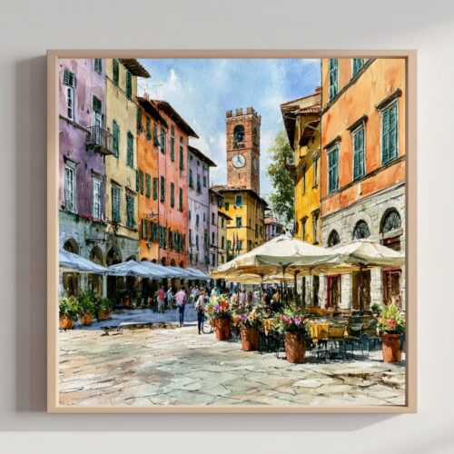 Lucca Tuscany Italy Watercolor Print: Italian Travel Art Poster Square
