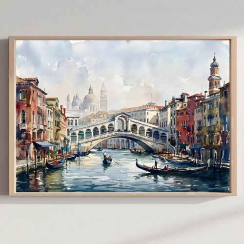 Venice Grand Canal Italy Watercolor Print: Rialto Bridge Travel Art Poster