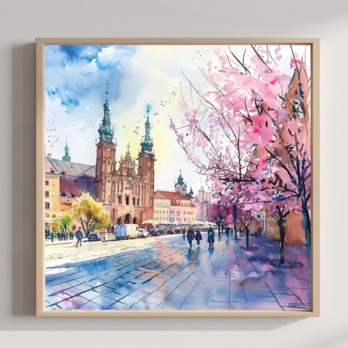 Krakow Poland Watercolor Print: Polish Travel Art Poster Square