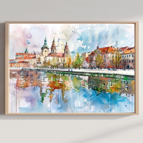 Lodz Old Town Poland Watercolor Print: Polish Travel Art Poster