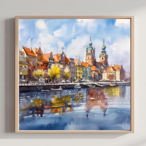 Szczecin Poland Watercolor Print: Polish Travel Art Poster Square