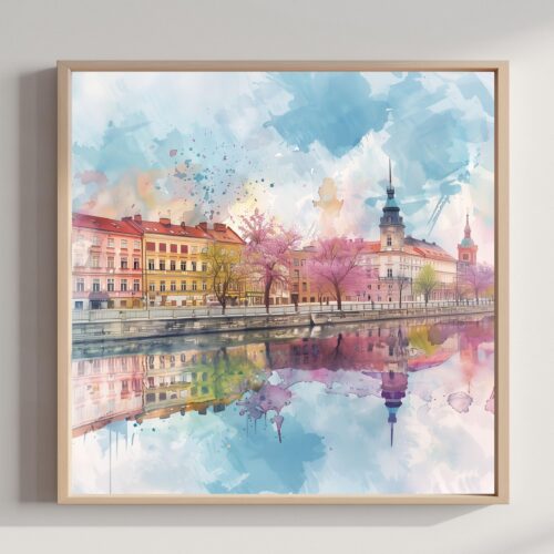 Piotrkowska Street Lodz Poland Watercolor Print: Square Travel Art Poster Square