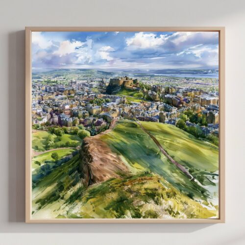 Edinburgh Skyline Scotland Watercolor Print: UK Travel Art Poster Square