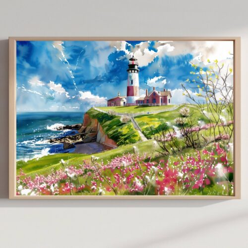 Montauk Point Lighthouse Long Island New York USA Watercolor Print: American Travel Art Poster