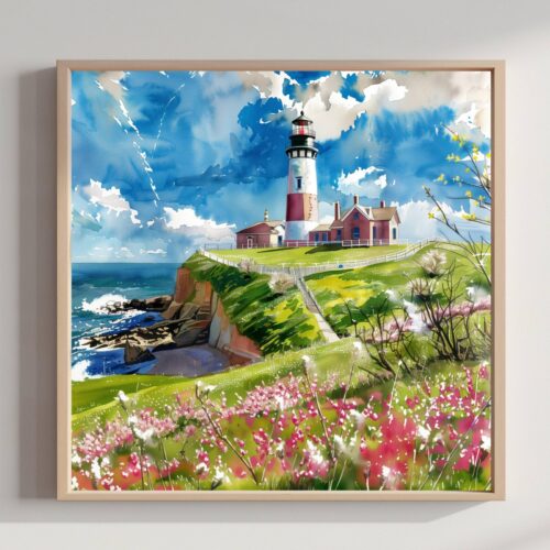 Montauk Point Lighthouse New York Watercolor Print: Square Travel Art Poster Square