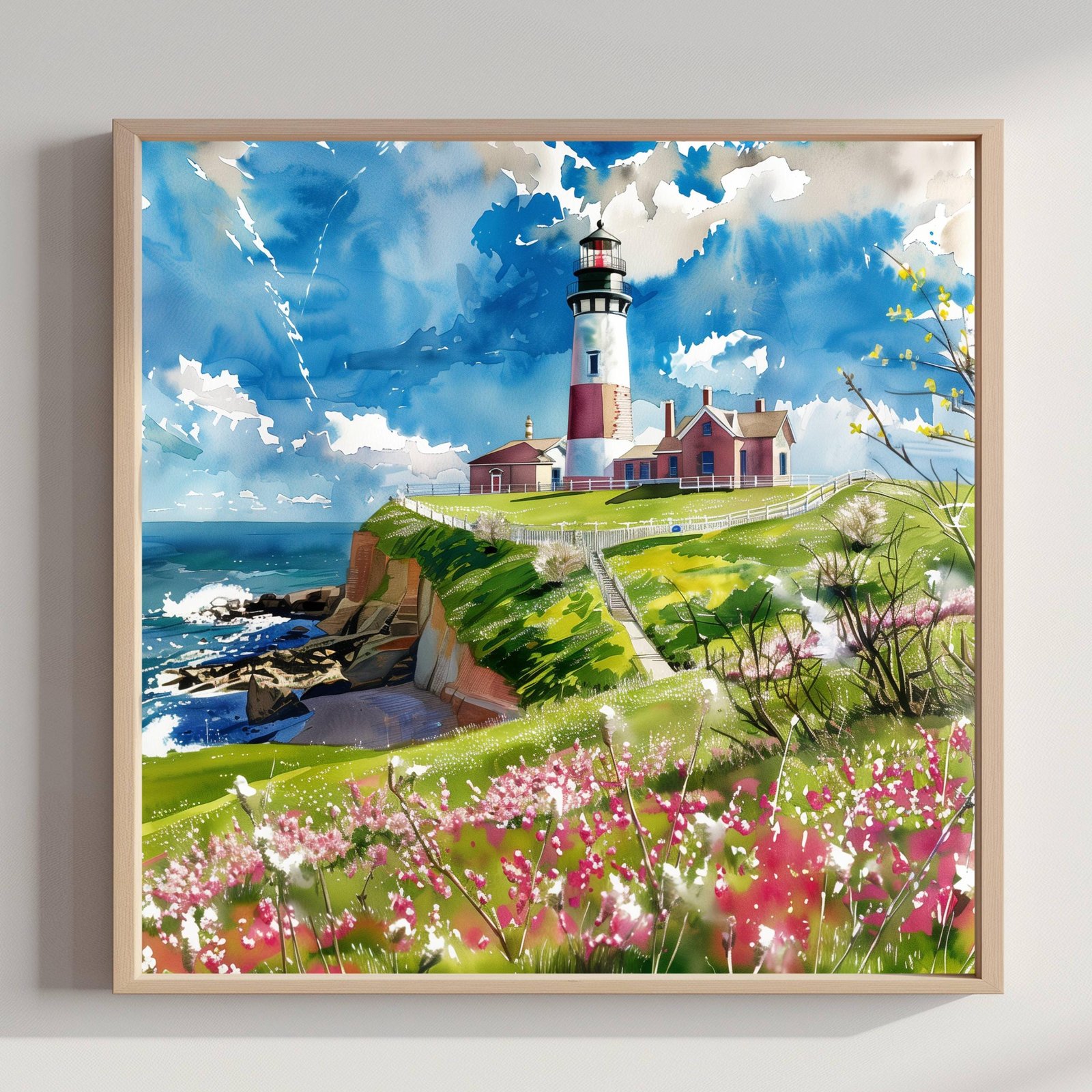 Montauk Point Lighthouse New York Watercolor Print: Square Travel Art Poster Square