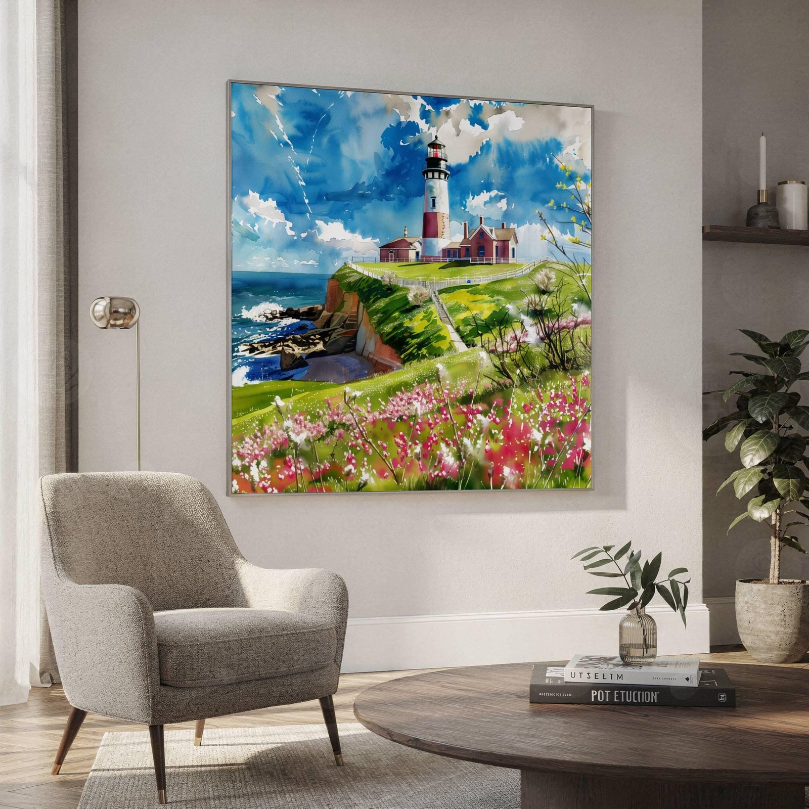 Montauk Point Lighthouse New York Watercolor Print: Square Travel Art Poster Square - Image 2