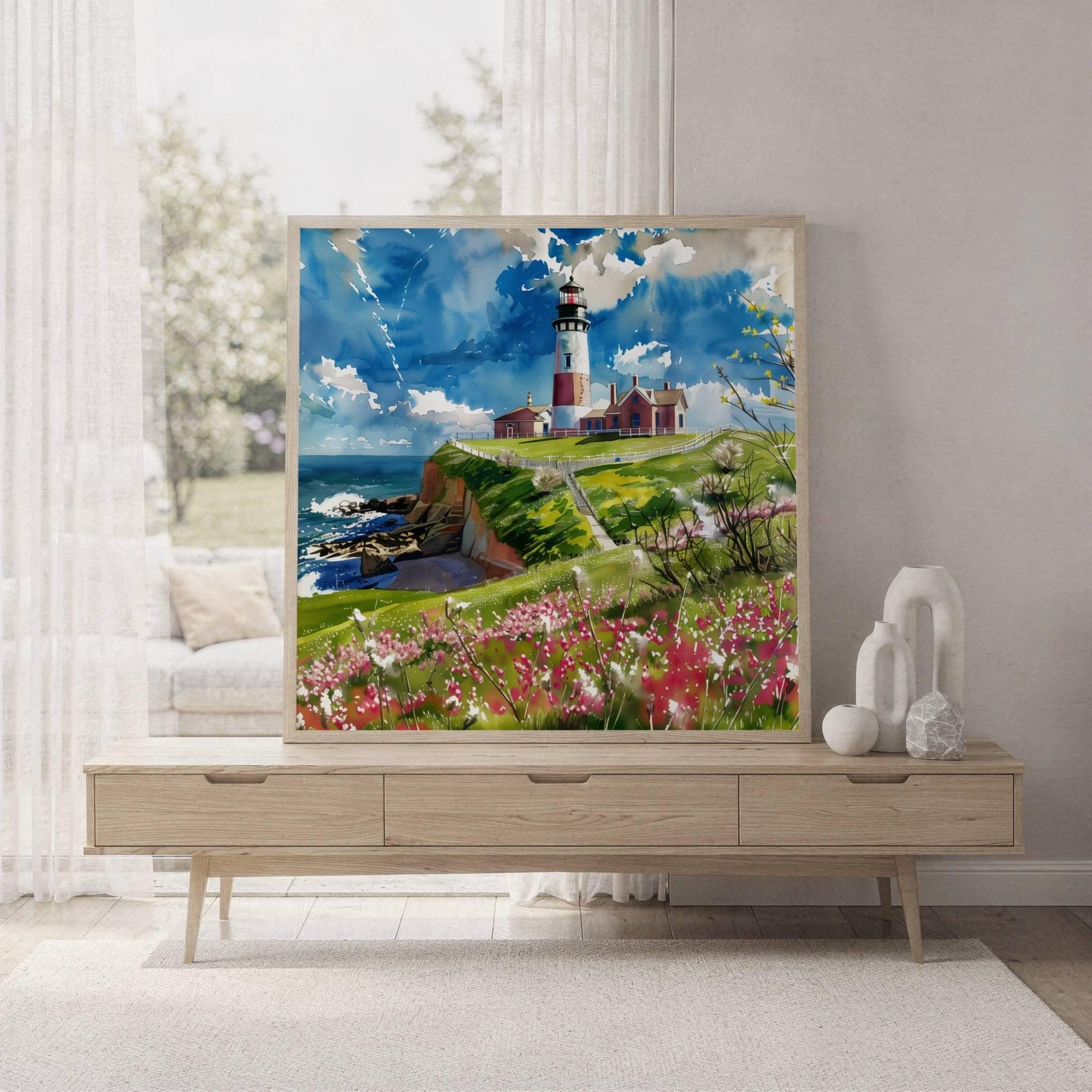 Montauk Point Lighthouse New York Watercolor Print: Square Travel Art Poster Square - Image 7