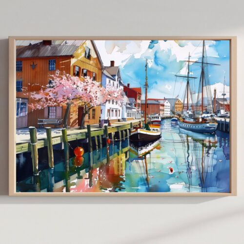 Old Port Portland Maine Watercolor Print: USA Travel Art Poster