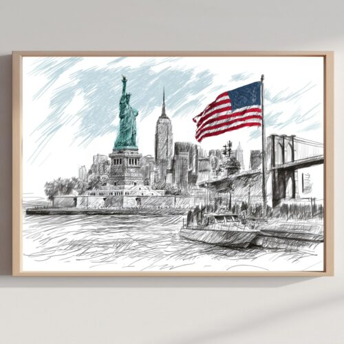 Statue of Liberty New York Pencil Sketch Print: USA Travel Art Poster