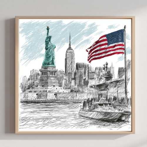 Statue of Liberty New York Pencil Sketch Print: USA Travel Art Poster Square