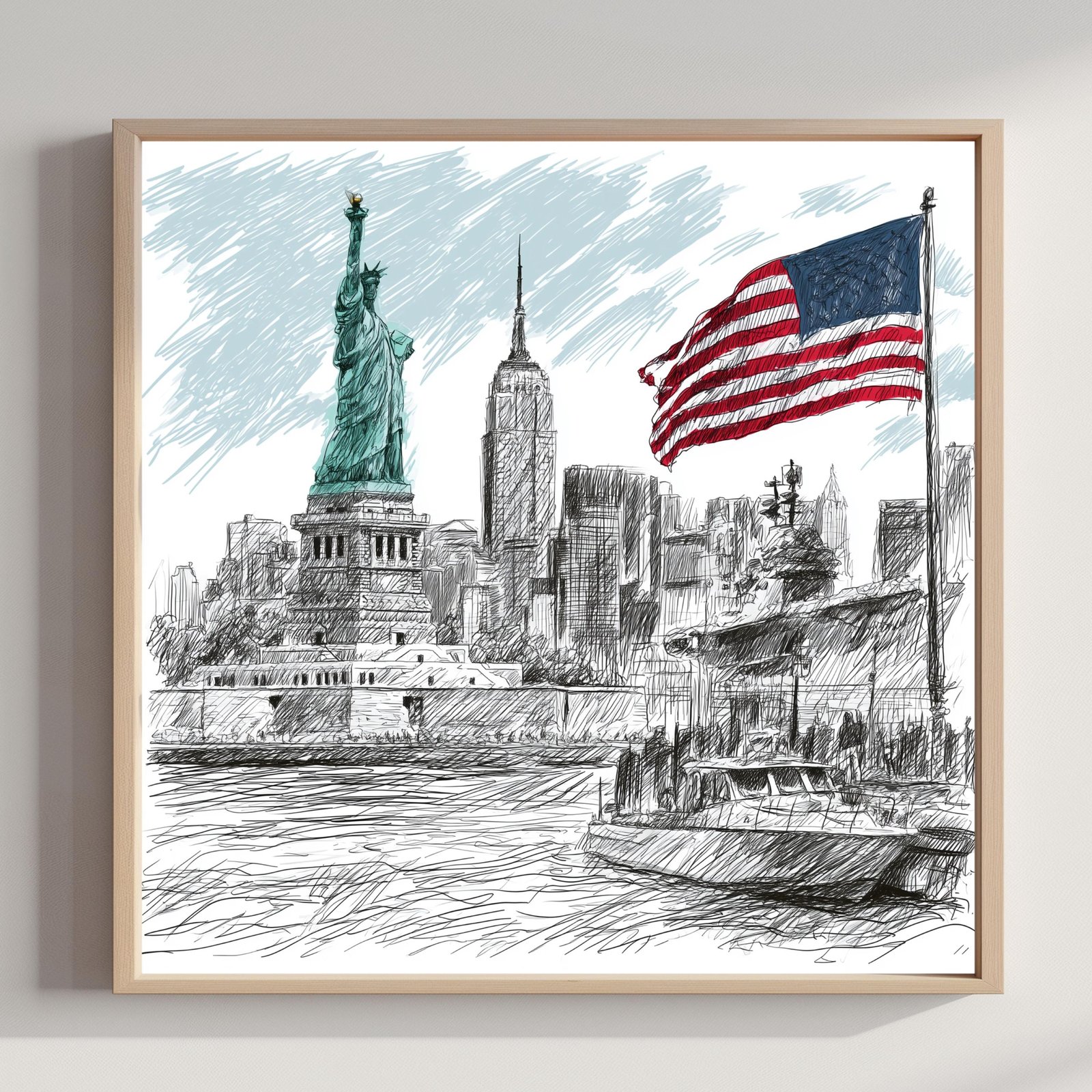 Statue of Liberty New York Pencil Sketch Print: USA Travel Art Poster Square