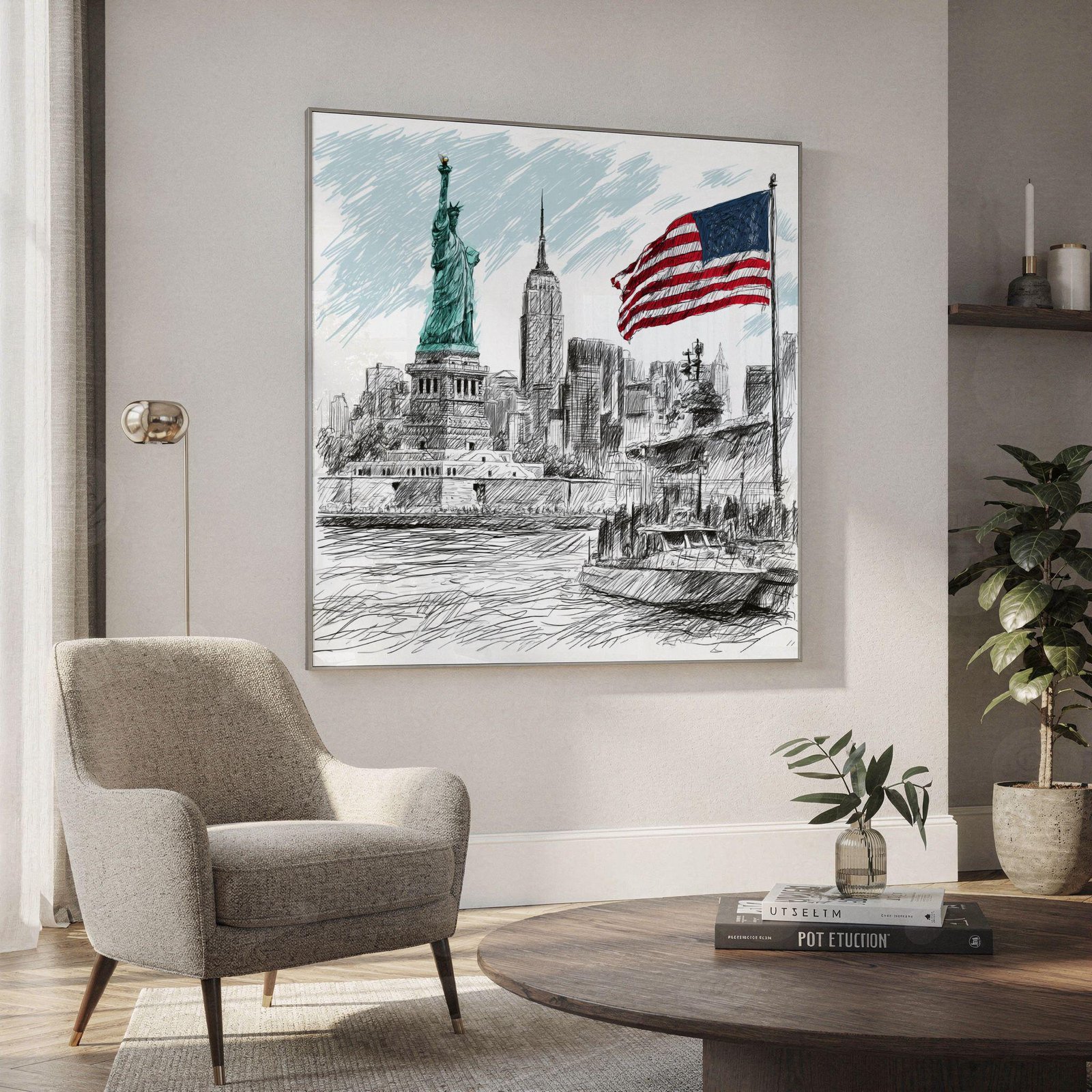 Statue of Liberty New York Pencil Sketch Print: USA Travel Art Poster Square - Image 2