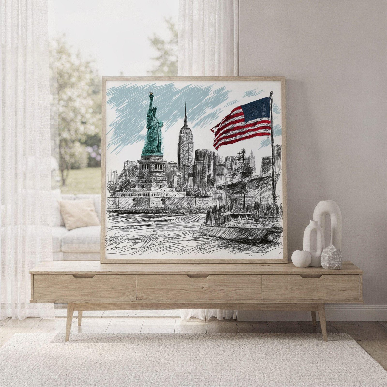 Statue of Liberty New York Pencil Sketch Print: USA Travel Art Poster Square - Image 7