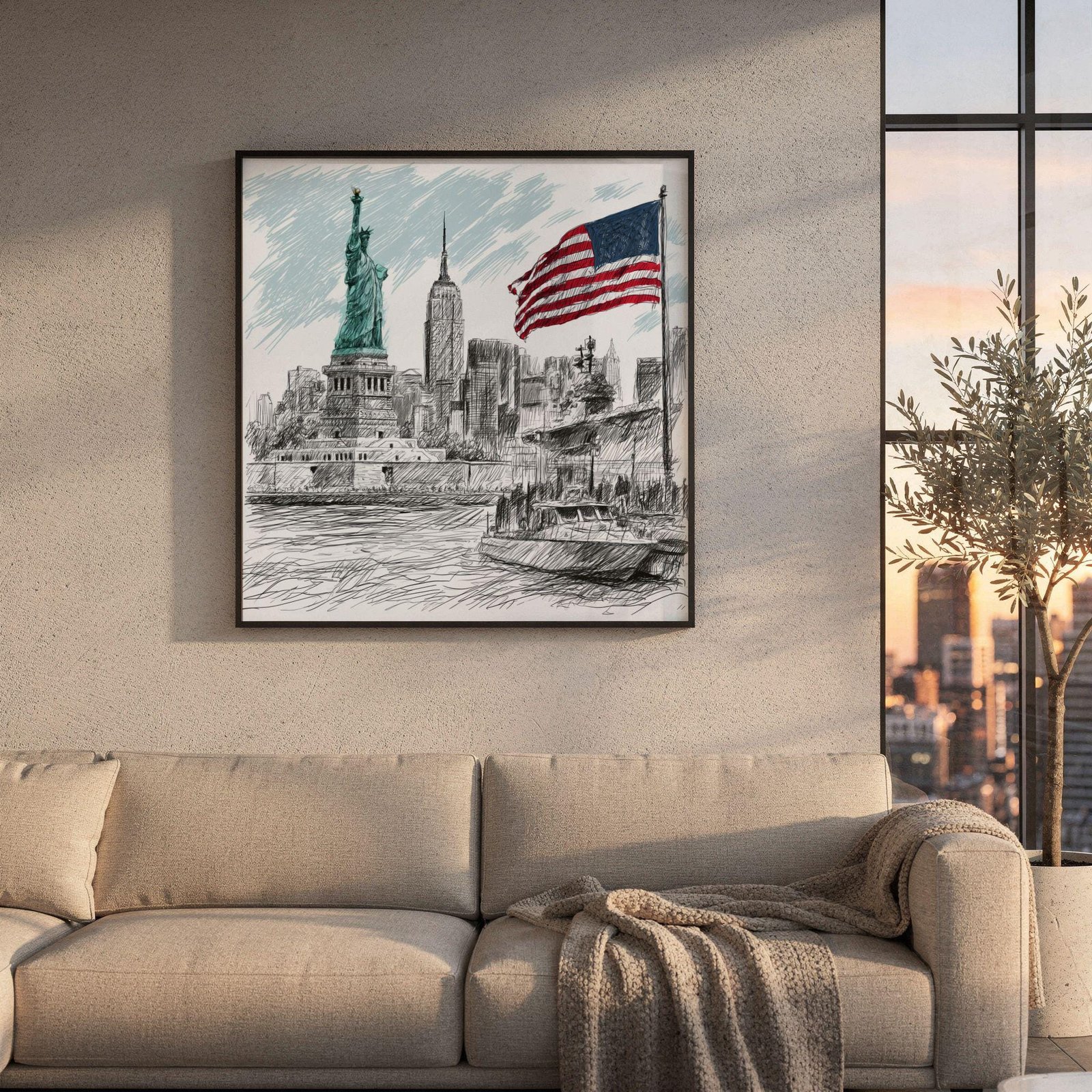 Statue of Liberty New York Pencil Sketch Print: USA Travel Art Poster Square - Image 8