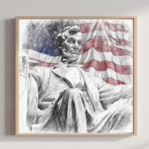Lincoln Statue Washington DC Pencil Sketch Print: USA Travel Art Poster Square