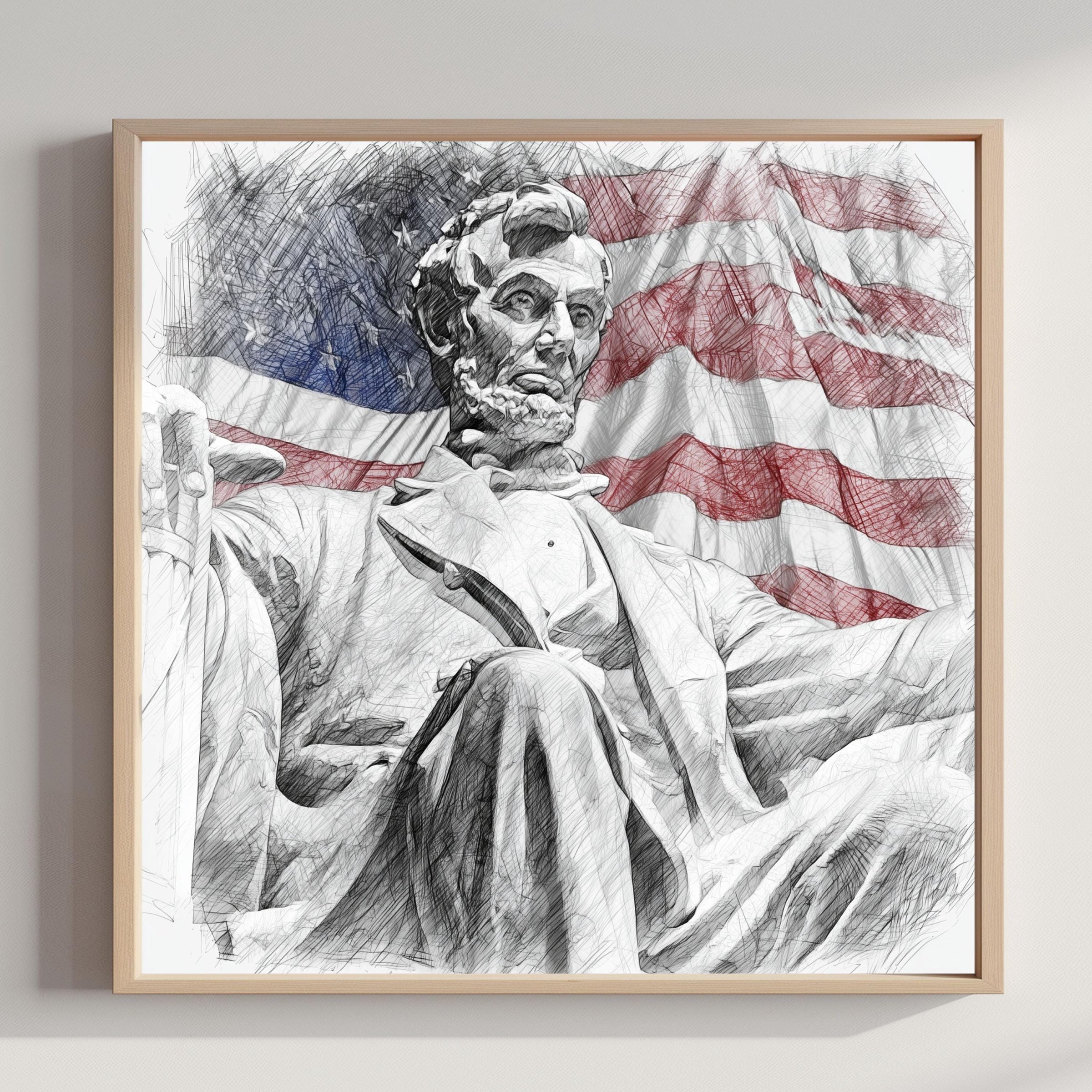 Lincoln Statue Washington DC Pencil Sketch Print: USA Travel Art Poster Square