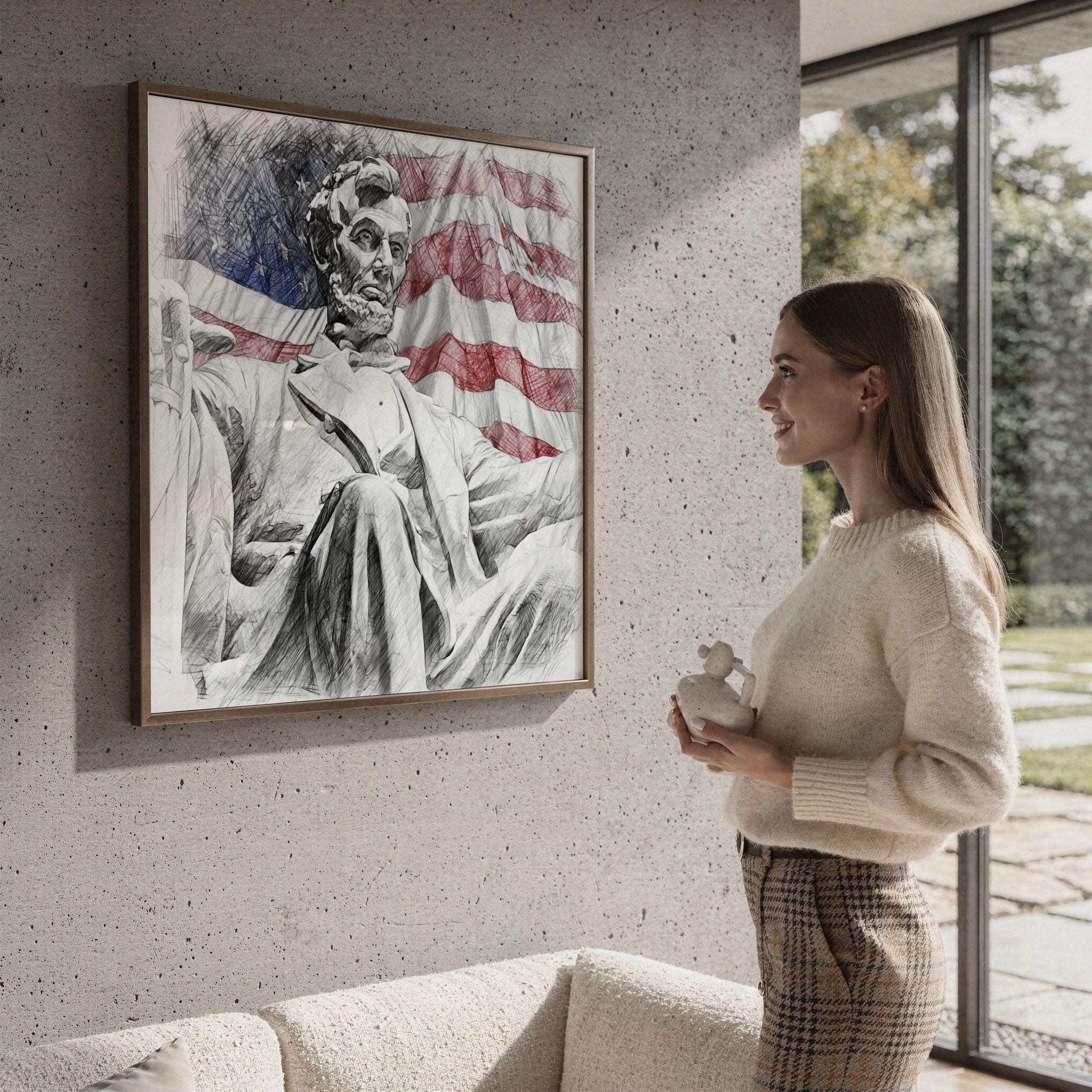 Lincoln Statue Washington DC Pencil Sketch Print: USA Travel Art Poster Square - Image 4