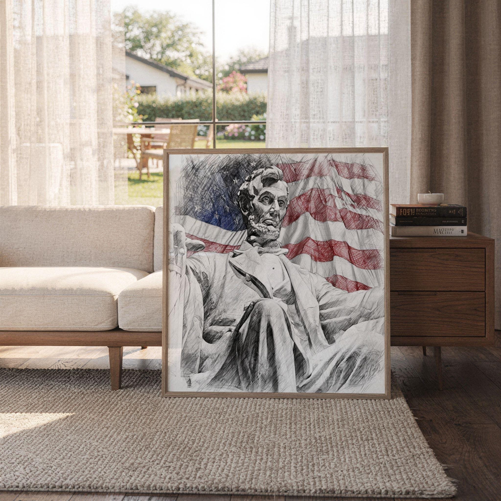 Lincoln Statue Washington DC Pencil Sketch Print: USA Travel Art Poster Square - Image 6