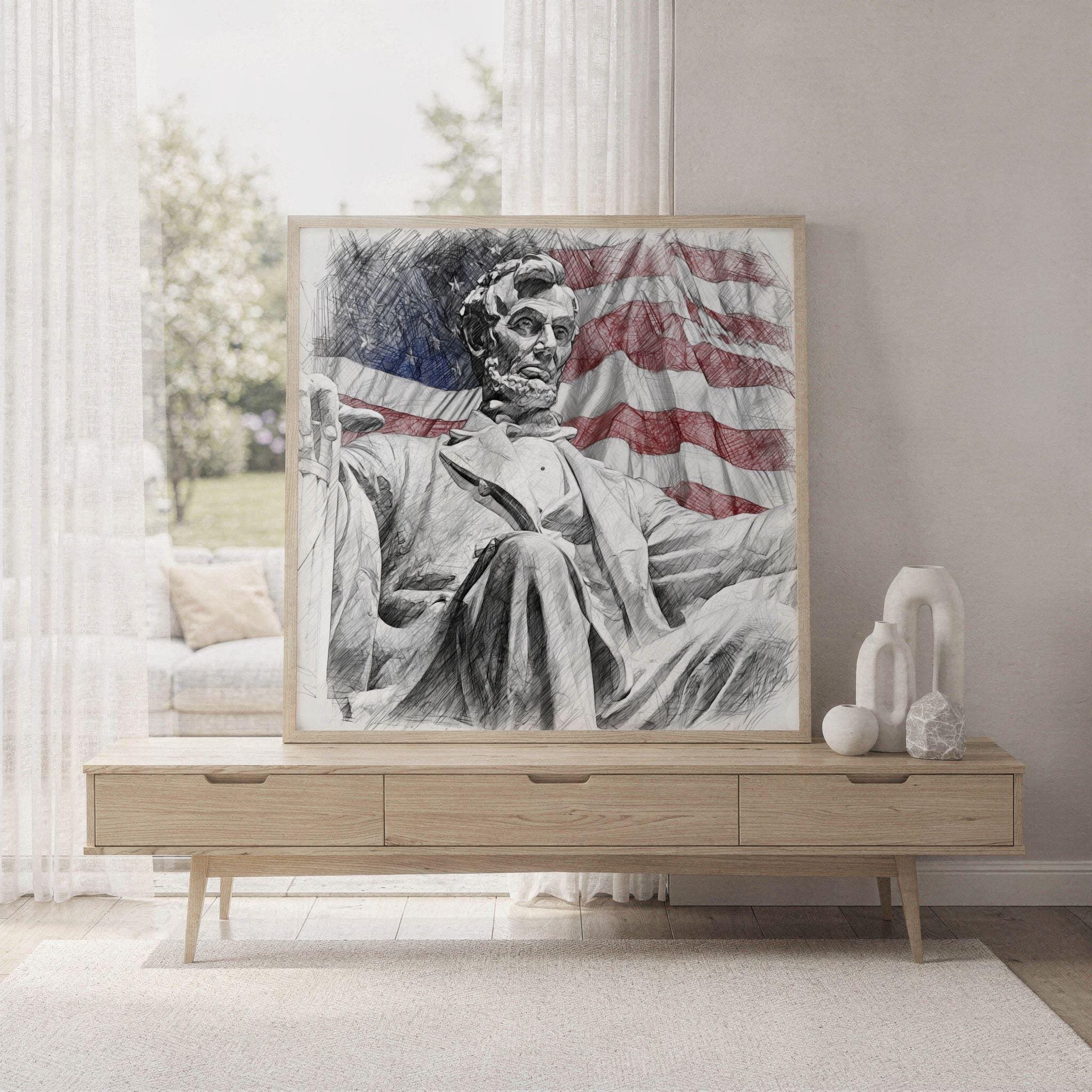 Lincoln Statue Washington DC Pencil Sketch Print: USA Travel Art Poster Square - Image 7