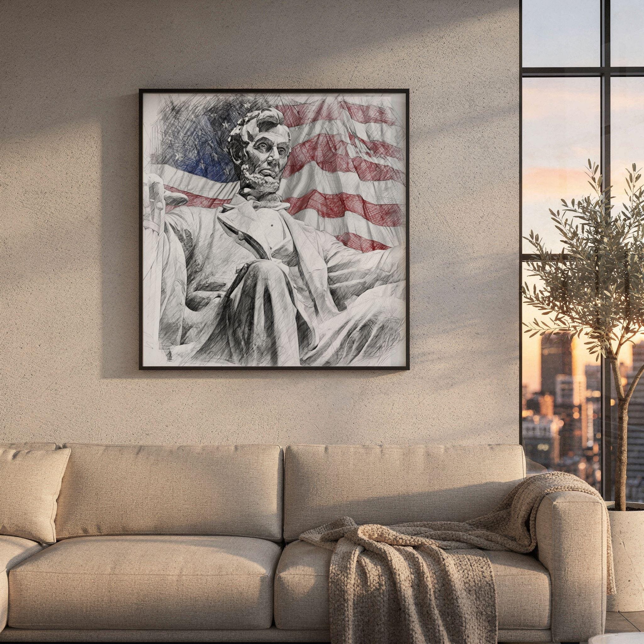 Lincoln Statue Washington DC Pencil Sketch Print: USA Travel Art Poster Square - Image 8