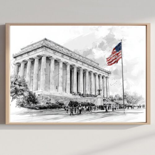 Lincoln Memorial Pencil Sketch Print: USA Travel Art Poster