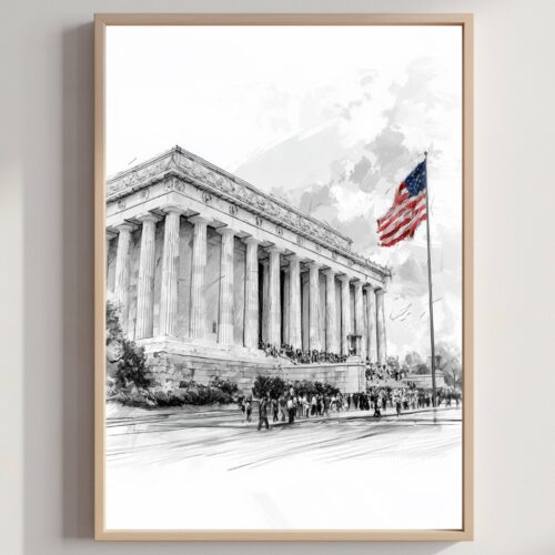 Lincoln Memorial Washington DC Pencil Sketch Print: USA Travel Art Poster