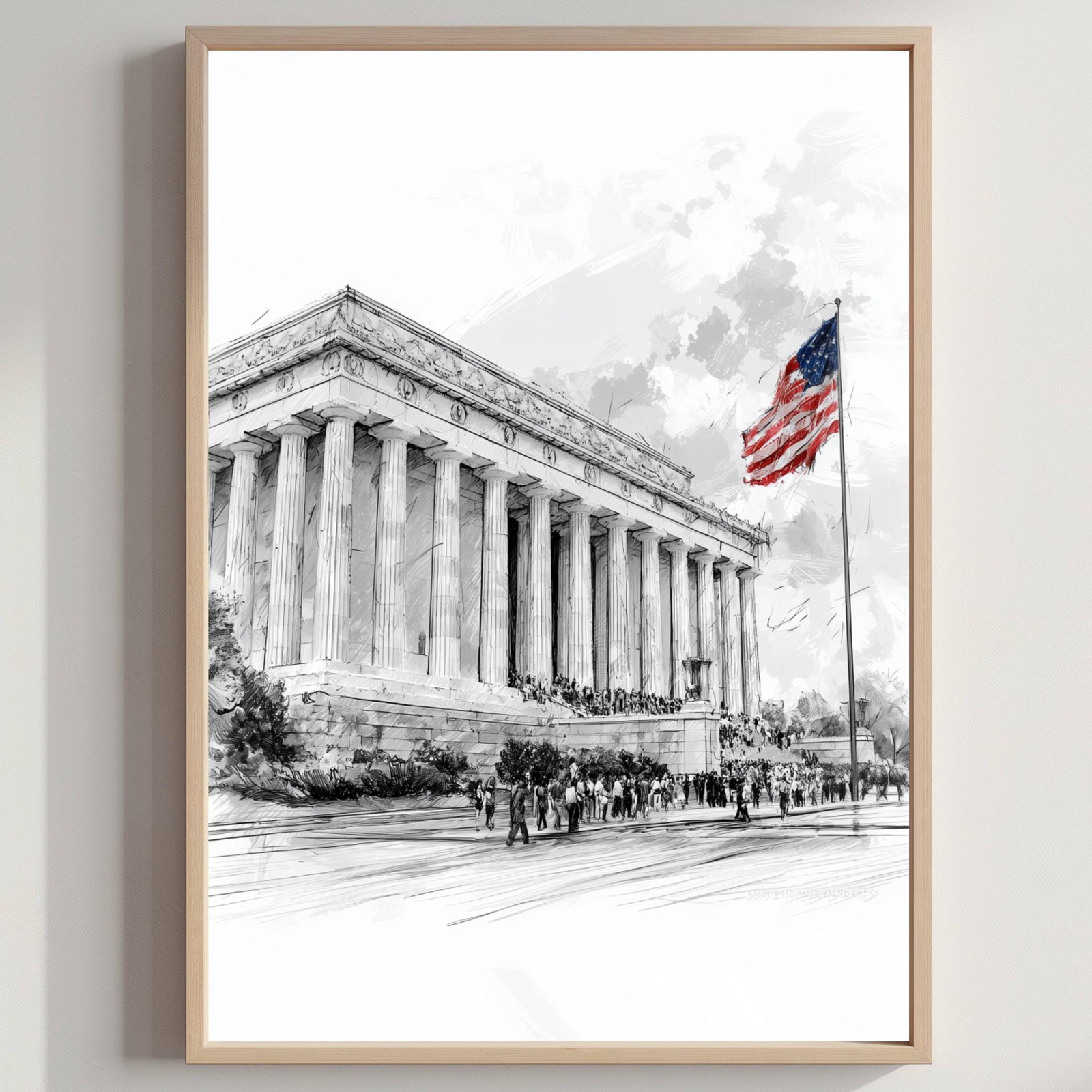 Lincoln Memorial Washington DC Pencil Sketch Print: USA Travel Art Poster
