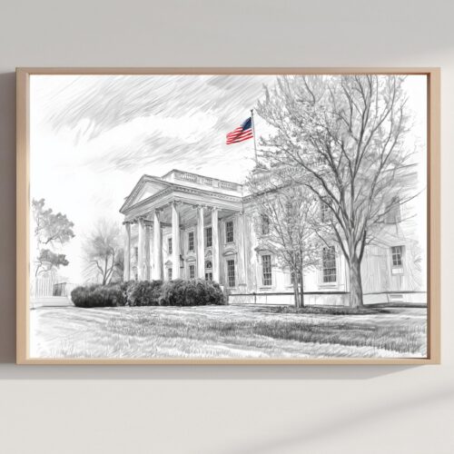 White House Washington DC Pencil Sketch Print: USA Travel Art Poster