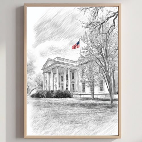 White House Washington DC Pencil Sketch Print: USA Travel Art Poster