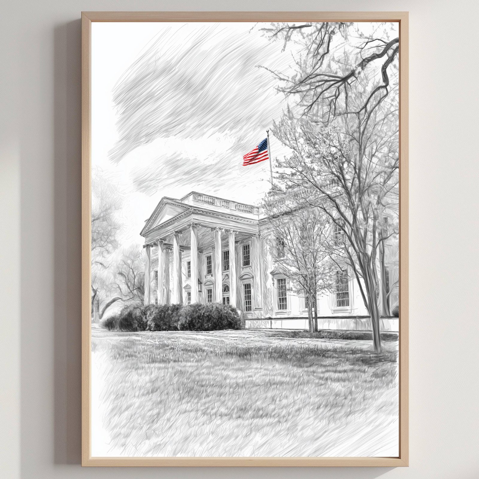 White House Washington DC Pencil Sketch Print: USA Travel Art Poster