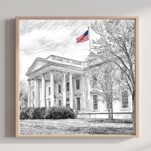 White House Washington DC Pencil Sketch Print: USA Travel Art Poster Square