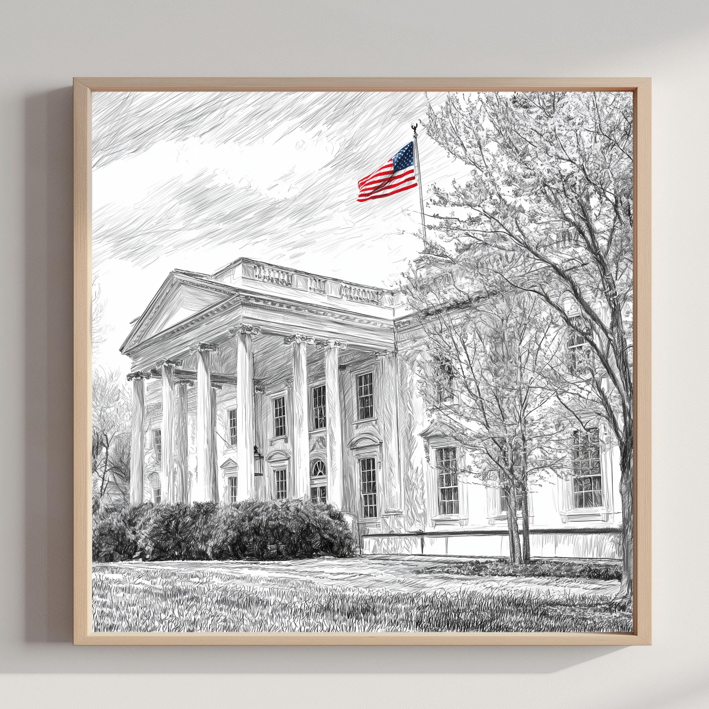 White House Washington DC Pencil Sketch Print: USA Travel Art Poster Square