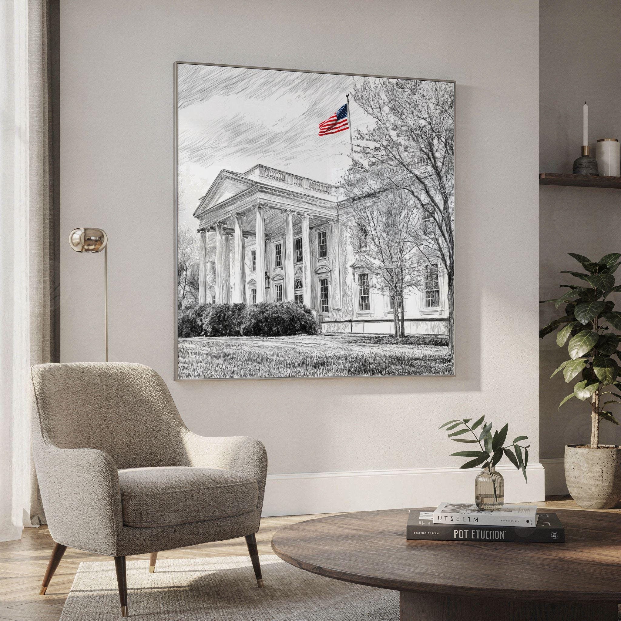 White House Washington DC Pencil Sketch Print: USA Travel Art Poster Square - Image 2