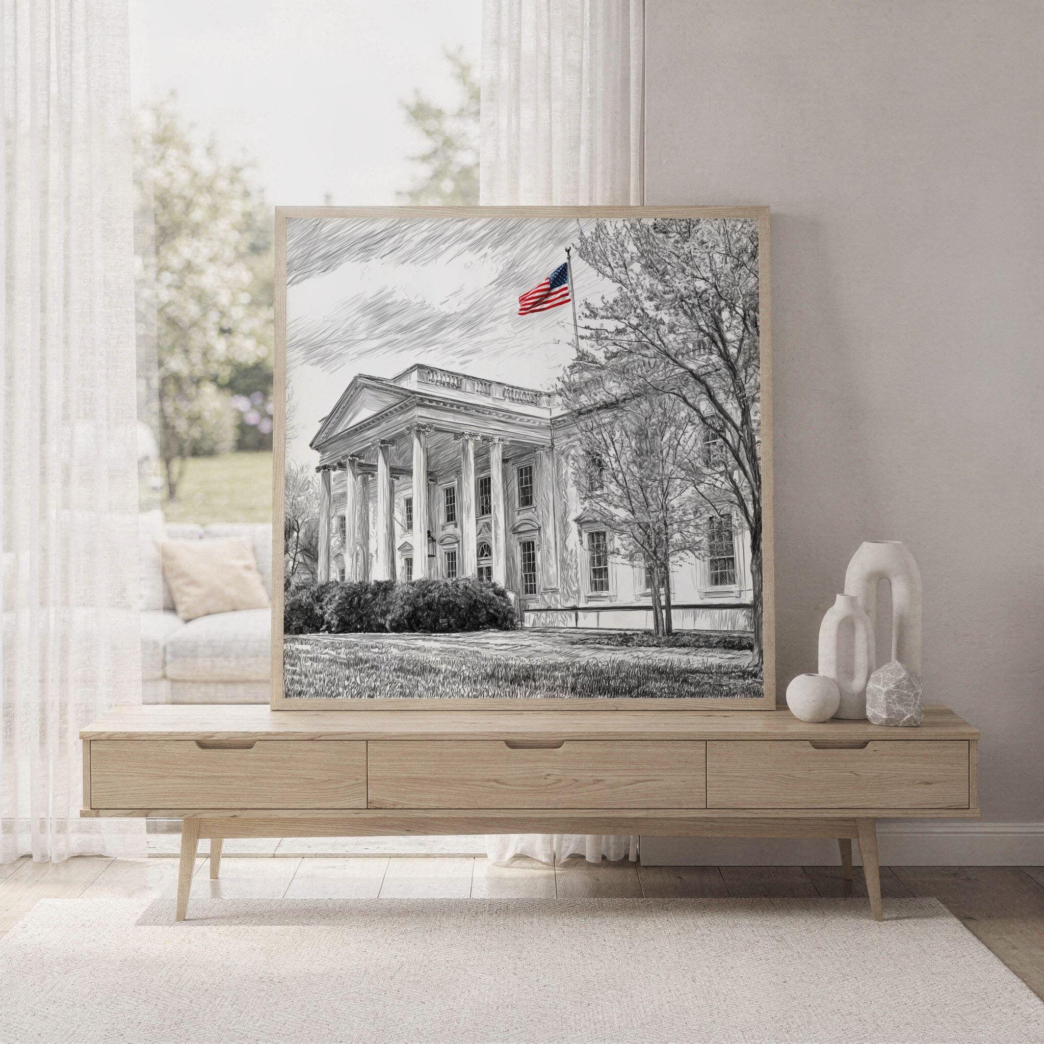 White House Washington DC Pencil Sketch Print: USA Travel Art Poster Square - Image 7