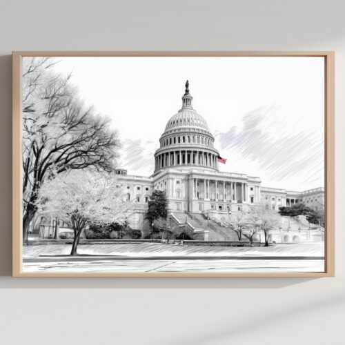 US Capitol Washington DC Pencil Sketch Print: USA Travel Art Poster