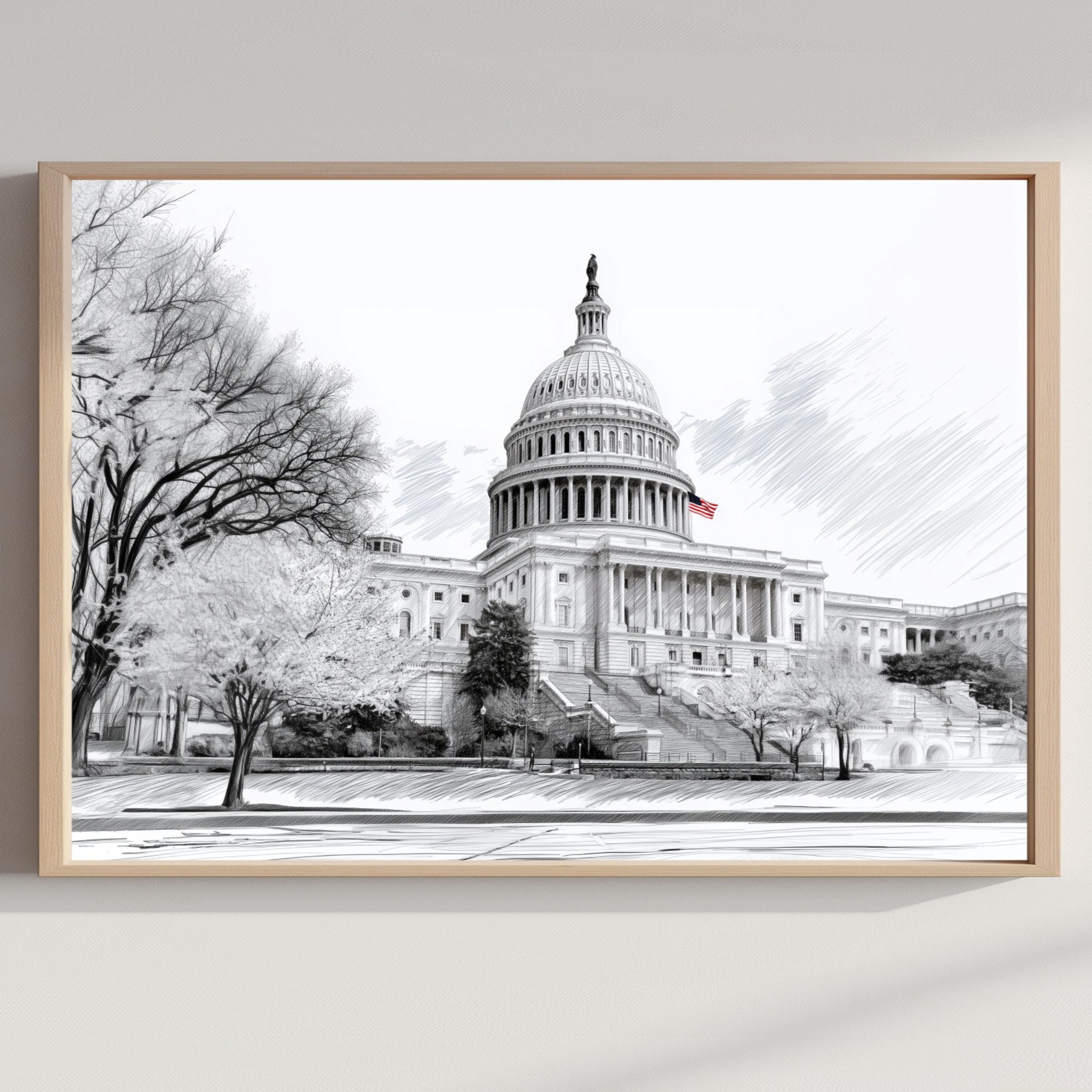 US Capitol Washington DC Pencil Sketch Print: USA Travel Art Poster