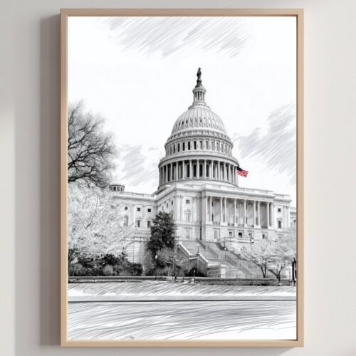 US Capitol Washington DC Pencil Sketch Print: USA Travel Art Poster