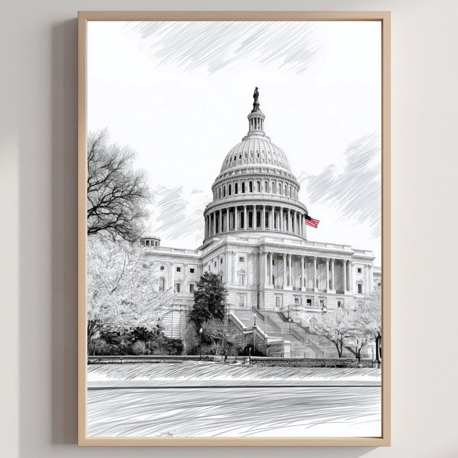US Capitol Washington DC Pencil Sketch Print: USA Travel Art Poster