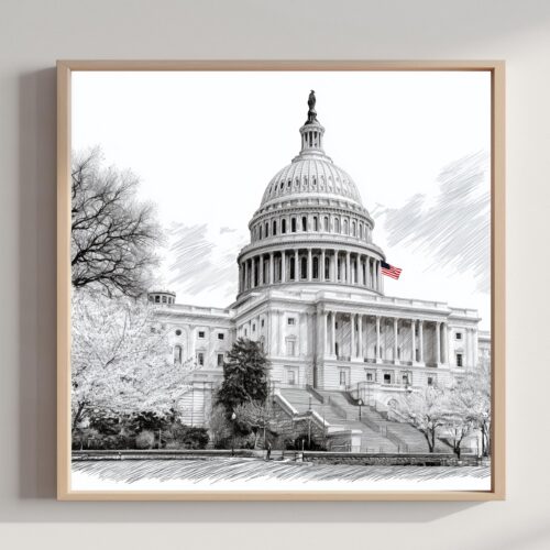 US Capitol Washington DC USA Pencil Sketch Print: Square Travel Art Poster